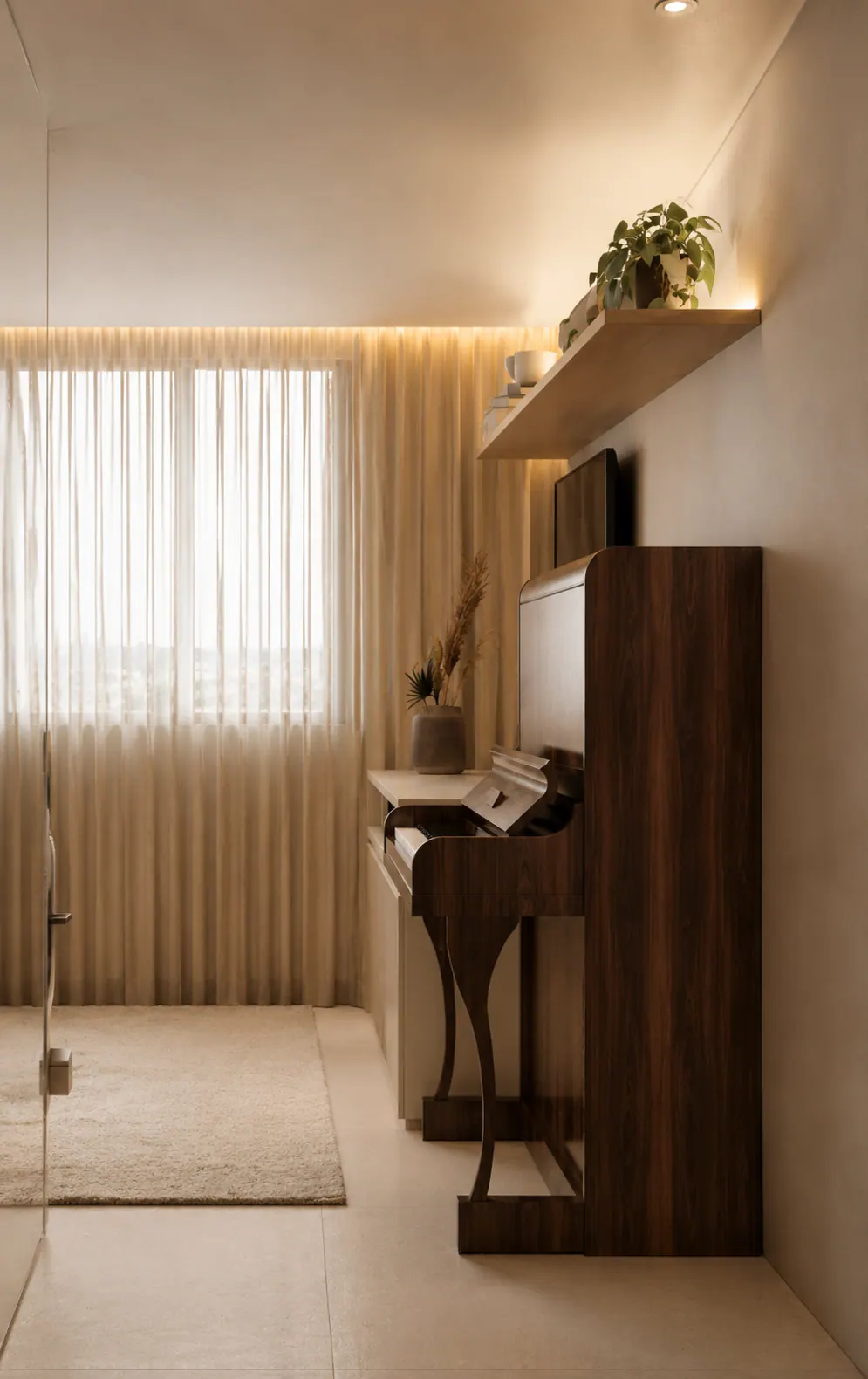 Piano de madeira escura junto à janela, com prateleira iluminada e cortinas de linho
