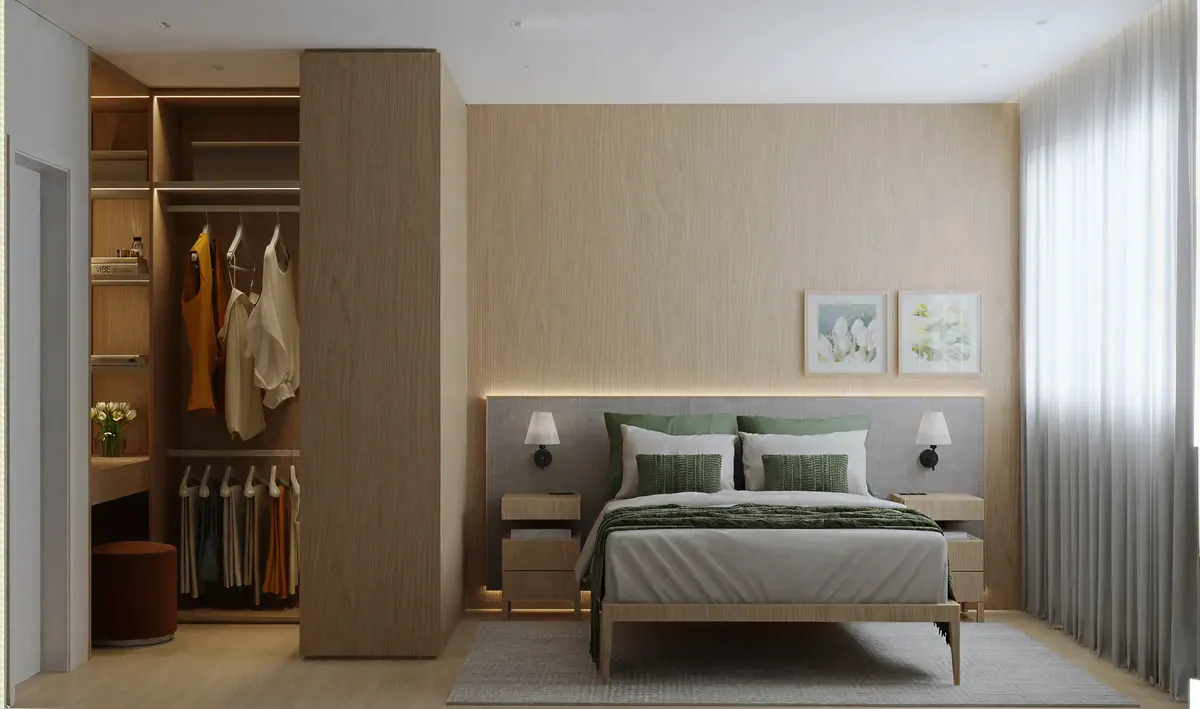 Quarto com cabeceira estofada, roupa de cama verde, closet aberto e cortinas de voile