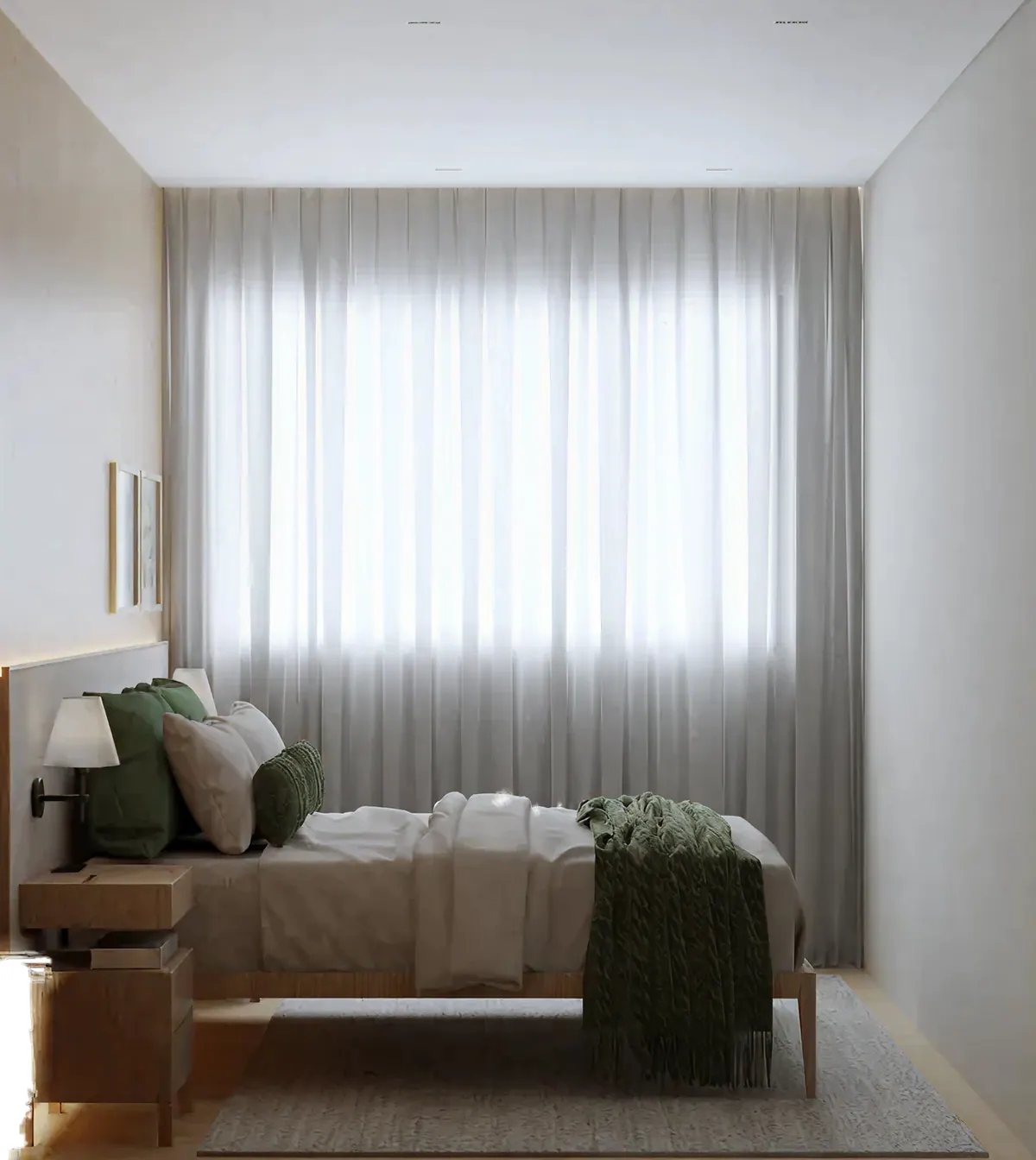 Quarto com cama em tons de verde e janela ampla com cortina