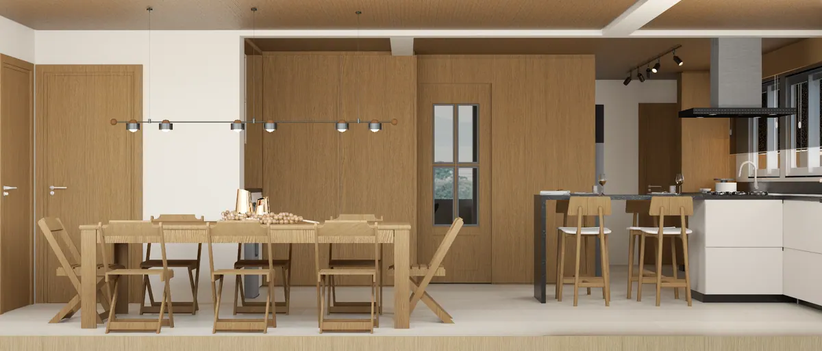 Vista geral da cozinha integrada à sala de jantar, com painéis de madeira e luminária linear sobre a mesa