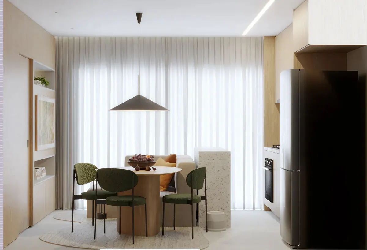 Mesa de jantar vista da cozinha, com cortinas de voile e geladeira embutida na marcenaria