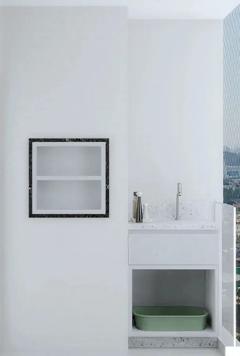 Lavanderia com tanque e a caixa de areia do gato embutida sob a bancada