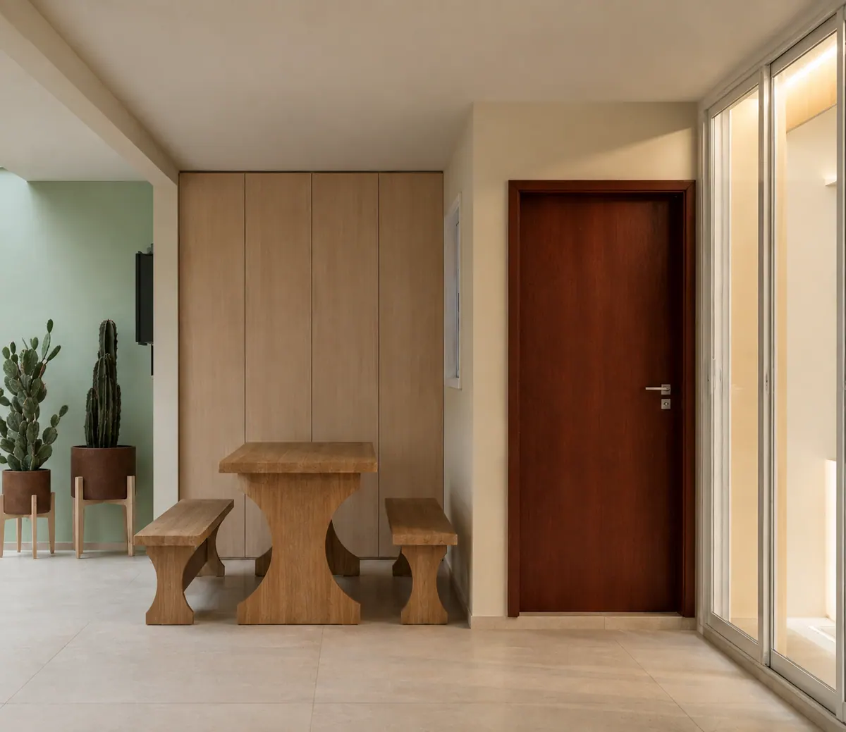 Varanda com mesa de madeira, bancos, vasos de cactos e porta de madeira escura