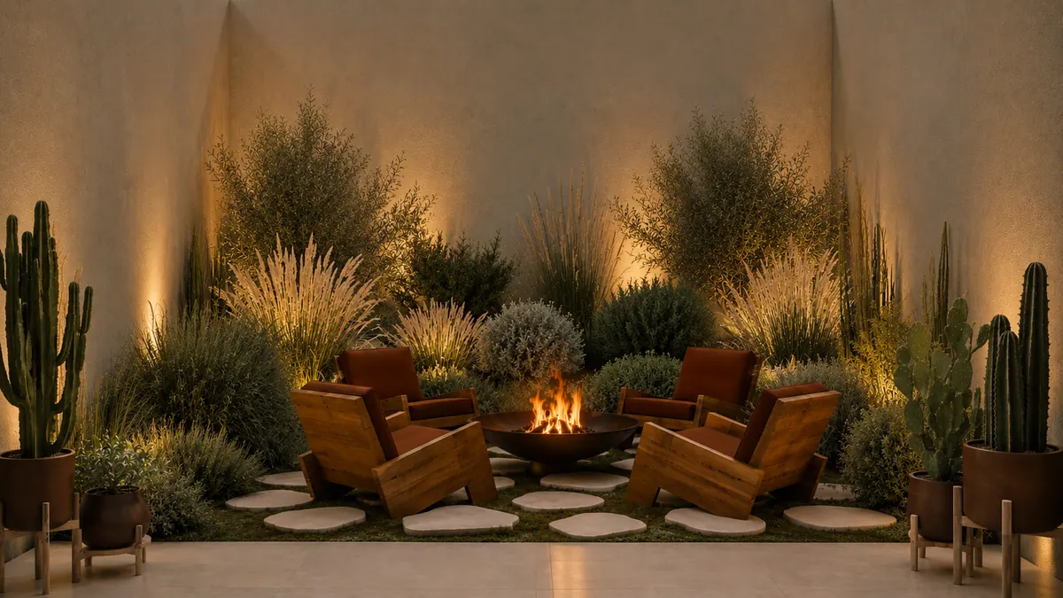 Jardim à noite, com o fogo aceso e as plantas iluminadas por baixo