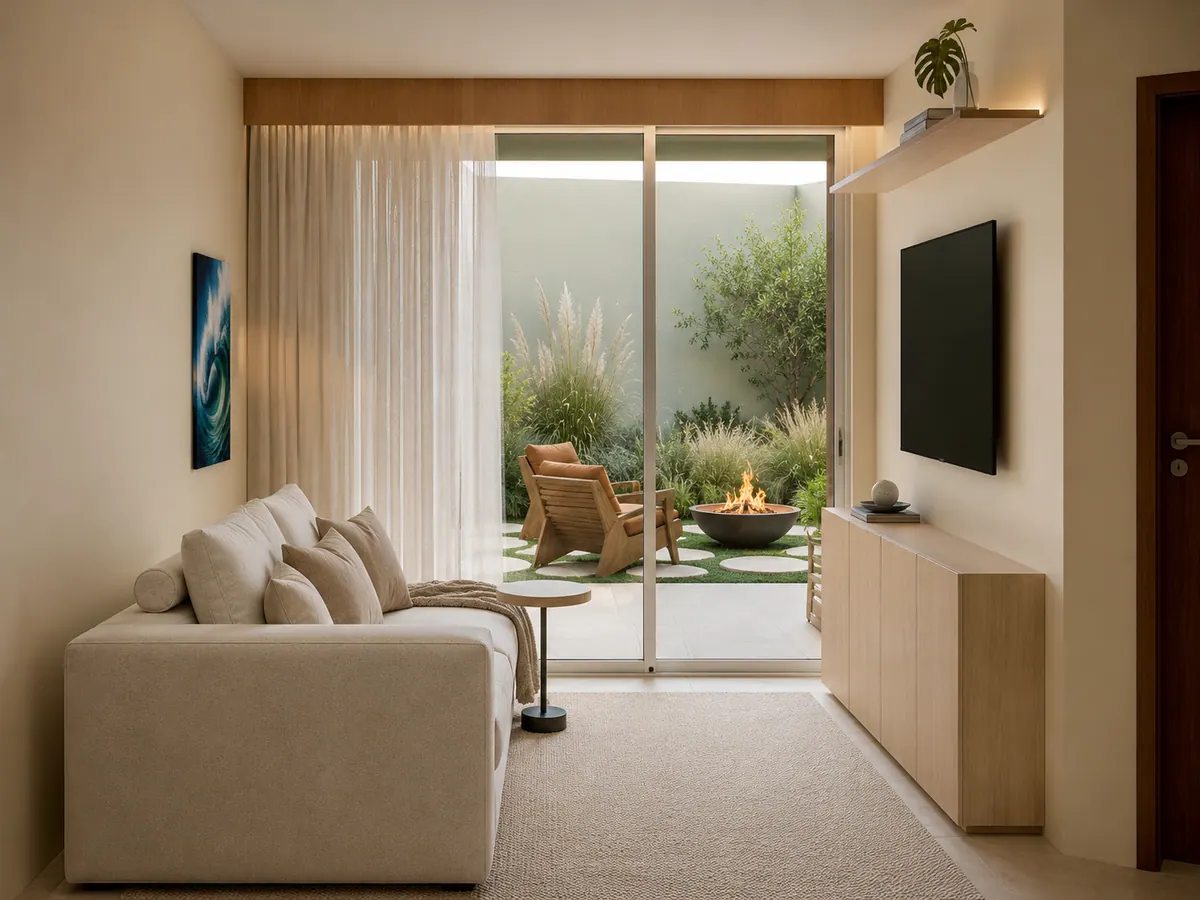 Sala de estar aberta para o jardim, com sofá claro, painel de TV e fogo de chão do lado de fora