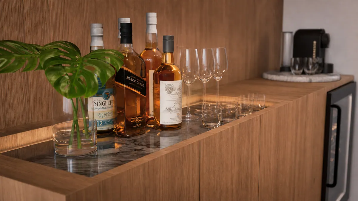 Detalhe do bar: bandeja espelhada com garrafas, taças e folha de costela-de-adão