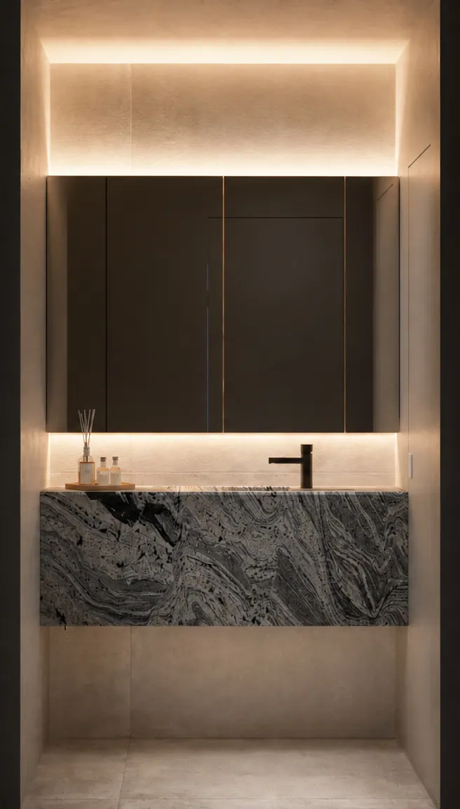 Lavabo com bancada de mármore escuro, espelho iluminado e luz indireta