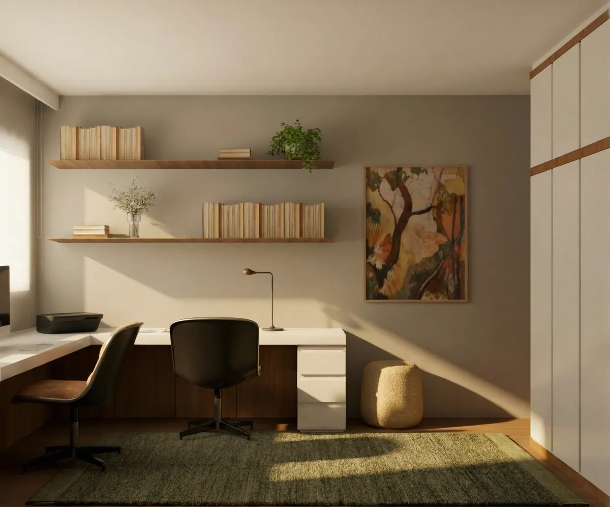 Vista frontal do escritório: bancada branca, prateleiras com livros, quadro e puff de palha
