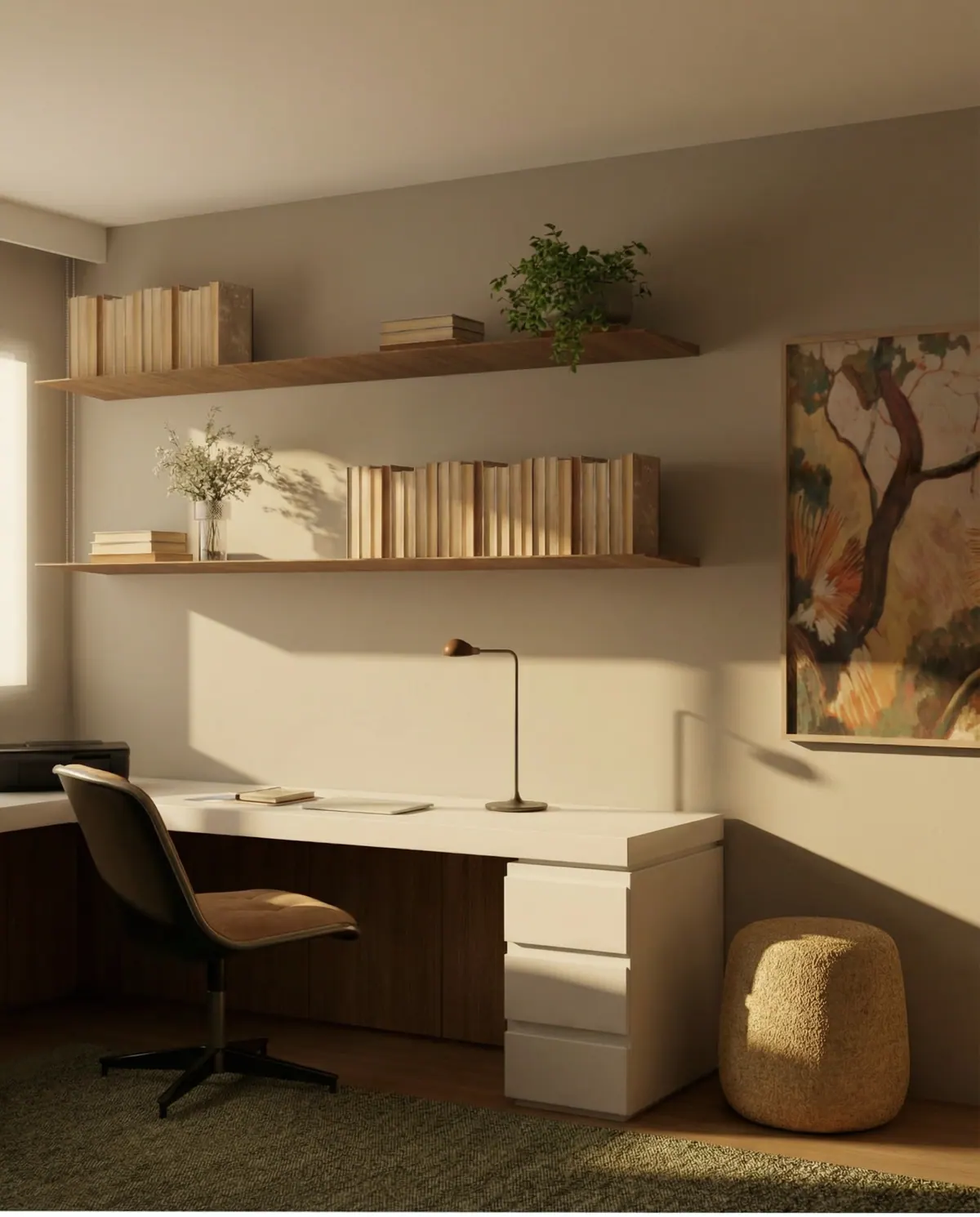 Detalhe da bancada com gaveteiro, luminária, quadro e puff de palha