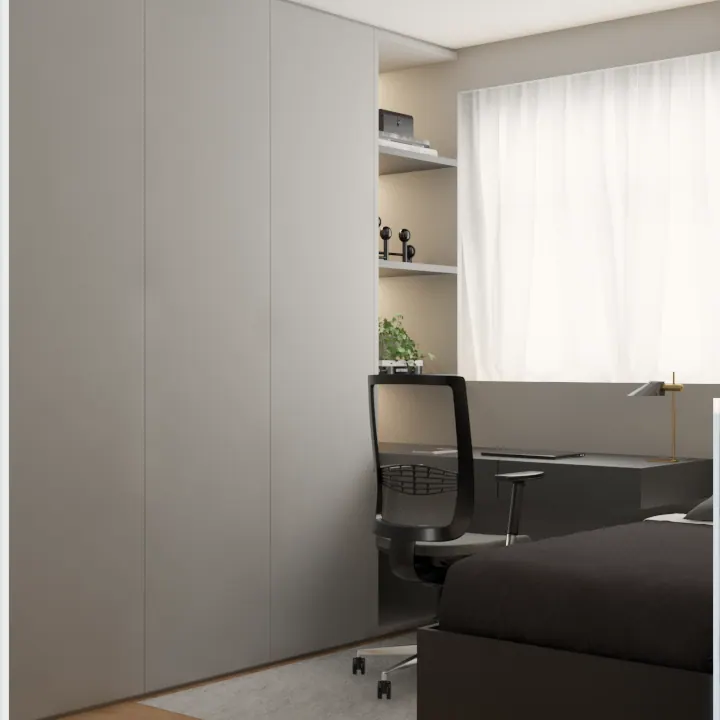Quarto visto do canto: armário cinza de piso a teto, nichos iluminados, bancada e cama sob a janela