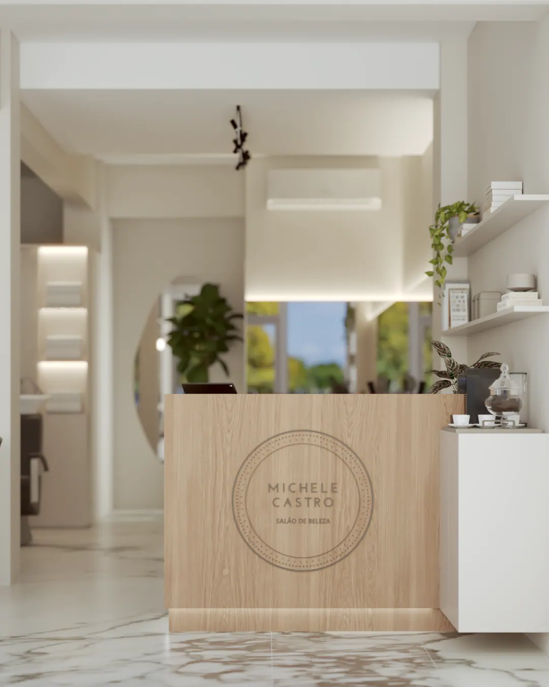 Recepção com balcão em madeira clara e logotipo do salão, piso de mármore e prateleiras com plantas